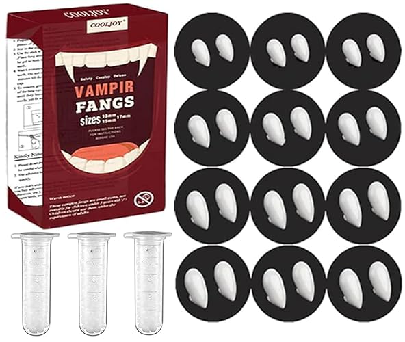 COOLJOY 12 Pairs Vampire Teeth Fangs 4 Size with Adhesive Halloween Party Cosplay Props Horror Fake Teeth Props Party Favors Masquerade Costume Accessories Gift