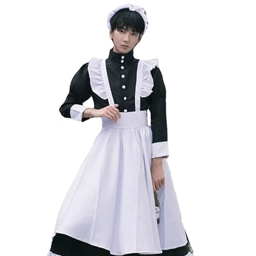 Japanese Women Maid Outfit Cosplay Costume Victorian Maid Dress Apron with Headwear Halloween Costumes - Medium - Black