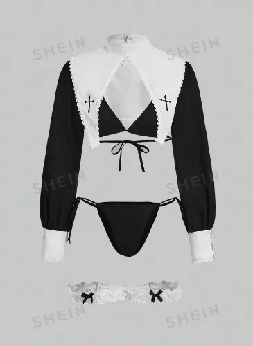 Conjunto De Lingerie Sexy Dark Lolita Com Cruz Bordada - 5 Peças