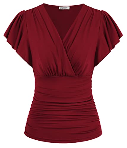 GRACE KARIN Womens Tops Elegant Surplice Wrap Blouse V Neck Lantern Long Sleeve Slim Fit Ruched Top - Medium - 977 Wine Red