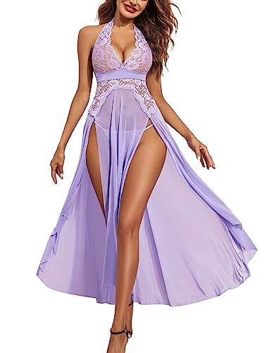 Avidlove Women Lingerie Deep V Neck Nightwear One Piece Sexy Nightgowns Mosaic Lace Mesh Dress - Medium - Lilac