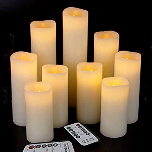 antizer Flameless Candles Led Candles Pack of 9 (H 4" 5" 6" 7" 8" 9" x D 2.2") Ivory Real Wax Battery Candles with Remote Timer - Ivory - Pack of 9