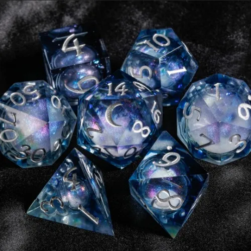 Dark Blue Liquid Core Resin Galaxy Dice Moon Set