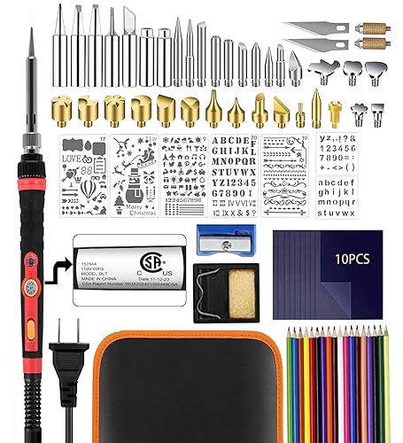 Wood Burning Kit, Pyrography Kit Wood Burning Tool, 60W 110V Adjustable Temperature 200~450 ℃ Wood Burning Pen Wood Burning and Soldering Iron Tools for Embossing Carving Soldering - Black