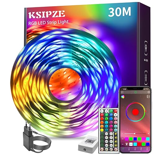 KSIPZE Luces Led Habitacion 30 Metros, Tira Led RGB Control de IR Remoto y Bluethooth App, luz led adhesiva Sincronización de Música, Modo Temporización, para Habitación, Dormitorio, Sala de Juegos - 30M