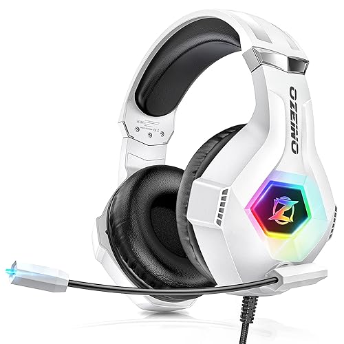 Cascos Gaming con Micrófono Suave, Luz RGB, Sonido Envolvente Claro, Orejeras Ligero Cómodo Ajustable, Auriculares Gaming Blanco para Ps5 Ps4 PC Xboxone/X/S Switch Tableta Laptop - Blanco