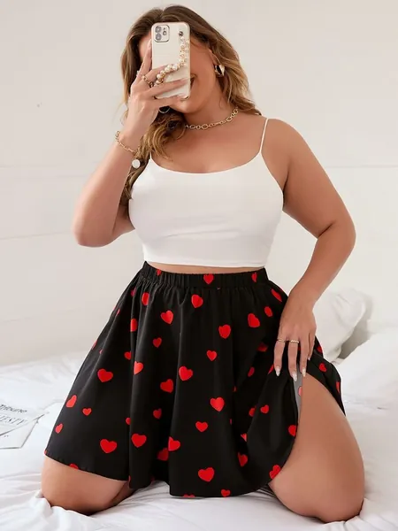 Plus Heart Print Elastic Waist Skirt