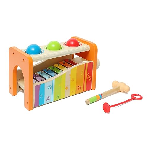 Hape Pound & Tap Bench with Slide Out Xylophone - Award Winning Durable Wooden Musical Pounding Toy for Toddlers,Yellow - Yellow - Mower