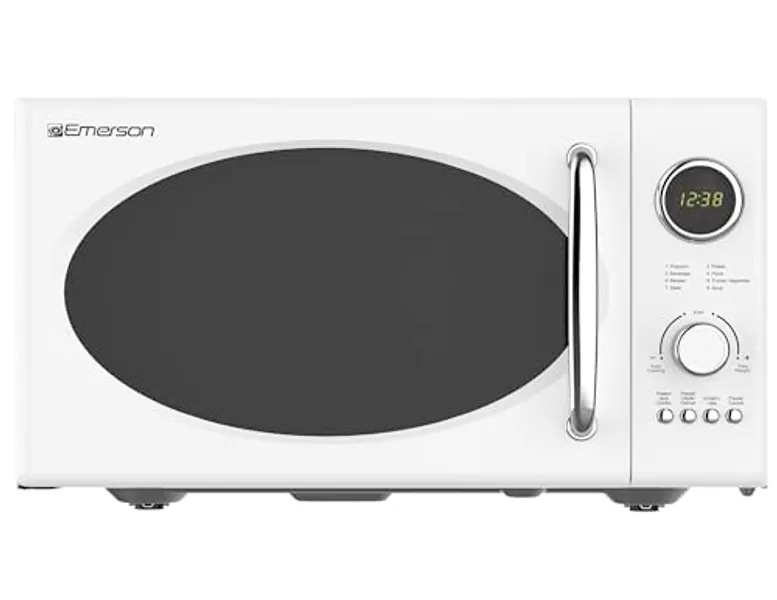 Emerson MWRG0901W Retro Compact Countertop 800W Microwave Oven with 1,000W Grill Function, LED Display 5 Power Levels, 8 Auto Menus, Glass Turntable and Child Safe Lock, 0.9 Cu. Ft, White
