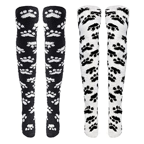 Littleforbig Cute Coral Fleece Thigh High Long Paws Pattern Socks 2 Pairs - Large - Black