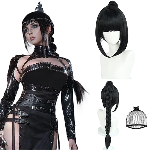 JoneTing Black Braided Wig【+Wig Cap】 Long Black Ponytail Wig with Braids for Women Shadow Cosplay wig Black Ponytail Wig Long Braided Wig BG3 Cosplay Wig for Party Shadow Costume Outfit Halloween - Black