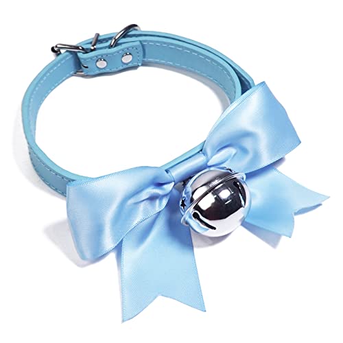 paloli Handmade Cosplay Choker Lolita Kitty Bell Collar with Ribbon Women Leather Choker Necklace - Blue