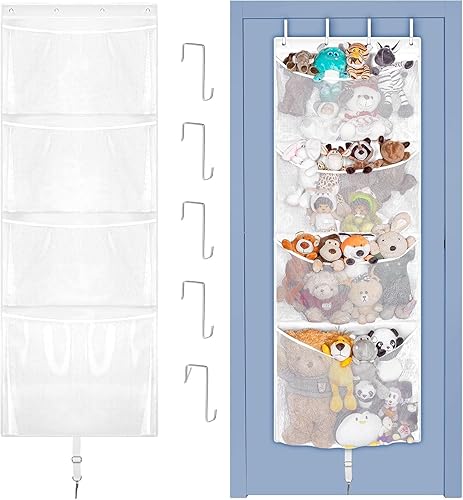 Woodoulogy Hanging Stuffed Animal Storage, Over Door Large Plush Toy Organizer with Metal Hook, Baby Accessory Holder Idea for Nursery, Doll & Bear Mesh Hammock Bag for Girl Boy Kid Room - White