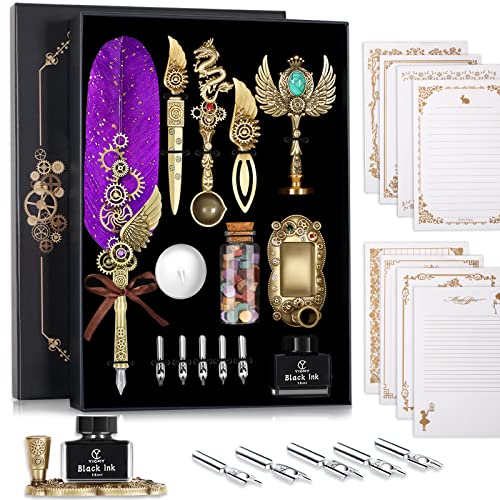 YICMY Quill Pen and Ink Set Feather Pen Set,Calligraphy Pen Set for Beginners,Wax Seal Stamp Set Calligraphy Writing Quill Pen Set with 8 Letter Papers Calligraphy Pen and Ink Set Gift Set(Purple) - Purple
