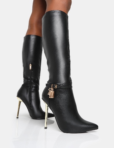 Jayden Black Pu Padlock Detail Pointed Toe Gold Stiletto Heel Knee High Boots | UK 5 / EU 38 / US 7