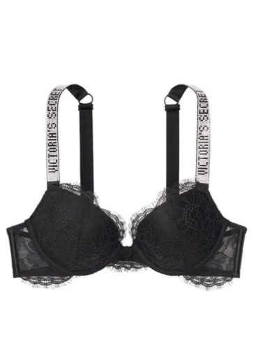 Victoria's Secret Black Lace Shine Strap Plunge Push Up Bra