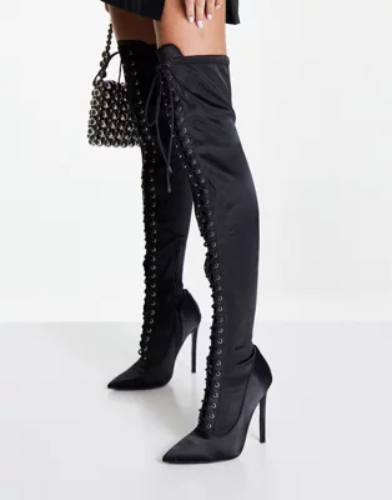 ASOS DESIGN Kiss pointed lace up over the knee boots in black satin