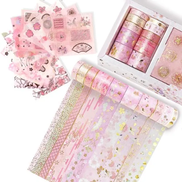 Gold Washi Tape Set,10 Rolls VSCO Foil Cherry Blossoms Masking Tape and Stickers Decorative for Arts, DIY Crafts, Bullet Journal Supplies, Planners, Scrapbook, Card/Gift Wrapping