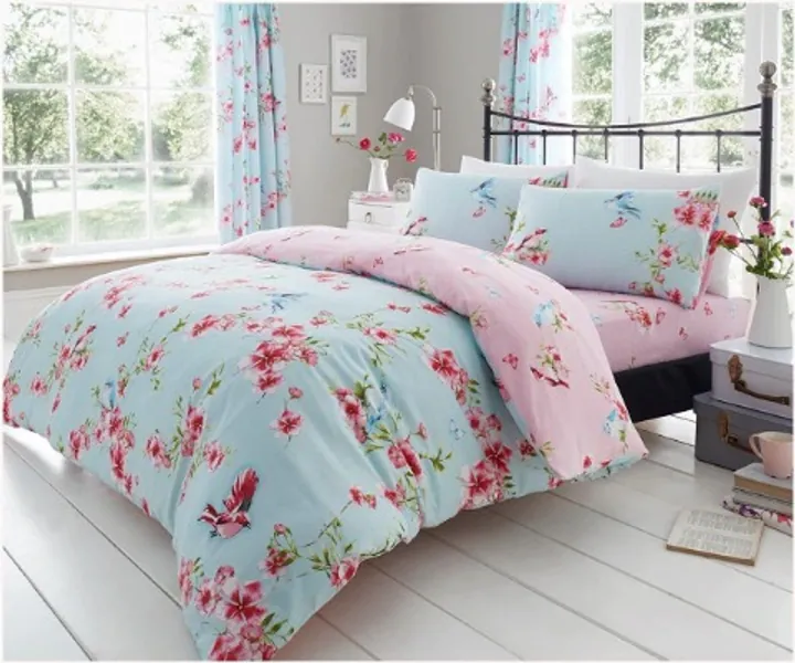 Gaveno Cavailia Luxury BIRDIE BLOSSOM Bed Set with Duvet Cover and Pillow Case, Polyester-Cotton, Blue, Double