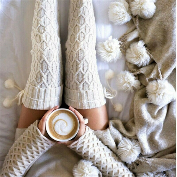 Winter Cable Knitted Cotton Thigh High Cozy Stocking with Pom Pom