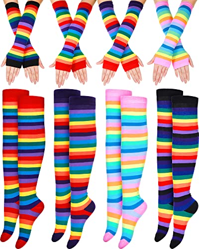Chuarry 8 Pairs Women's Rainbow Thigh High Socks Fingerless Arm Warmer Set Long Striped High Socks Leg Warmers for Girls Pride Fest (Mixed Color,Classic Style)
