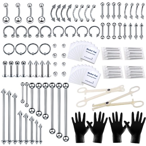 Tustrion 118PCS Piercing Kit for All Body Piercings Stainless Steel Piercing Jewelry 14G 16G for Ear Cartilage Tragus Nose Septum Lip Nipple Piercing Tools - 118PCS
