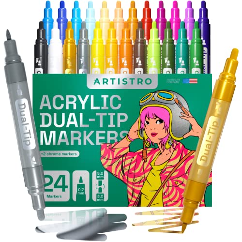 ARTISTRO Acrylic Paint Pens 24 with 2 Metallic Markers Gold & Silver Extra Fine and Medium Tip + Chisel, Paint Markers for Canvas, Metal, Rocks, Wood, Glass, Plastic - 24 Dual Tip