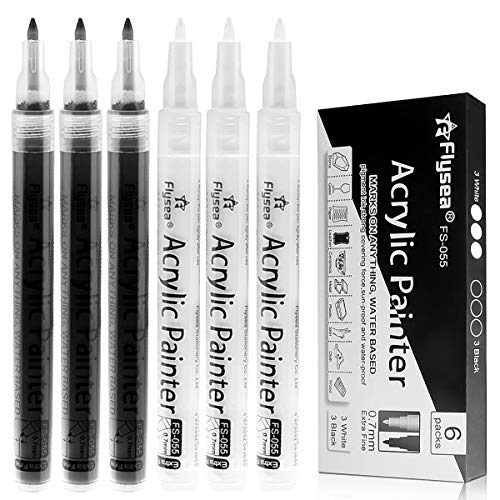 Black Paint Pens, 6 Pack 0.7mm Acrylic Black Permanent Marker ,White Paint Pens for Rock Painting, Stone,Wood, Plastic, Ceramic, Glass, Metal Canvas, Paper, Water-based Extra Fine Point - Black + White
