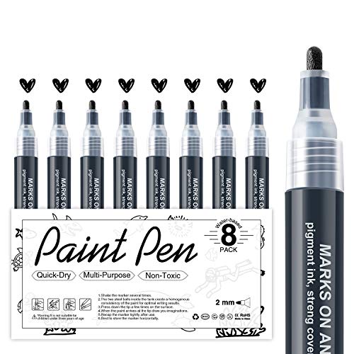 Black Acrylic Paint Pens - 8 Pack Black Paint Markers, Acrylic Paint Pens for Rock Painting, Stone, Wood, Canvas, Glass, Metallic, Ceramic, Graffiti, Paper, Drawing, Water-Based Acrylic Paint Sets - Black