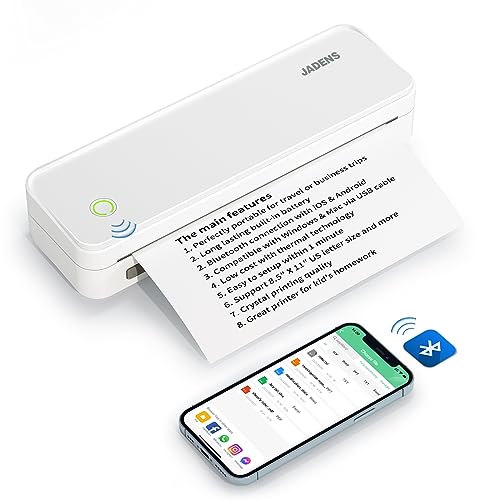 JADENS Portable Printers Wireless for Travel, Support 8.5" X 11" US Letter, Bluetooth Thermal Printer Compatible with iOS, Android & Laptop, Inkless Mobile Printer for Office, Home, School - White