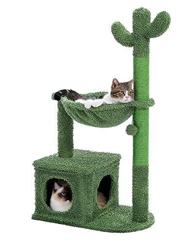 MUTTROS Cactus Cat Tree 40" Cat Tower with Large Metal Carpet Hammock, Cat Scratching Post for Indoor Cats with Condo& Dangling Ball, Green - GREEN（Ultimate）