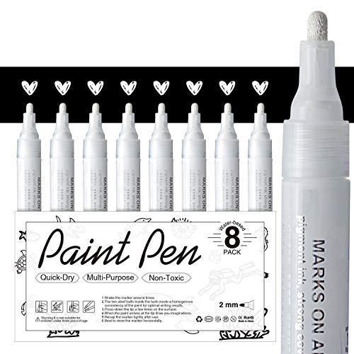 White Paint Pen for Art - 8Pack Acrylic White Paint Marker for Rock Painting, Stone, Wood, Canvas, Glass, Metal, Metallic, Ceramic, Tire, Graffiti, Paper, Drawing, Highlight Water-Based Paint Sets - White