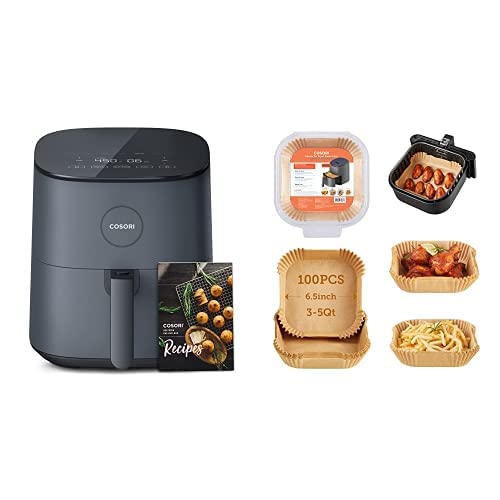 COSORI Air Fryer, 5 QT, 9-in-1 Airfryer Compact Oilless Small Oven, 30 Exclusive Recipes, Fit for 1-4 People & Air Fryer 100 PCS Non-Stick Square Disposable Paper Liners, 6.5 inch for 3-5QT Basket