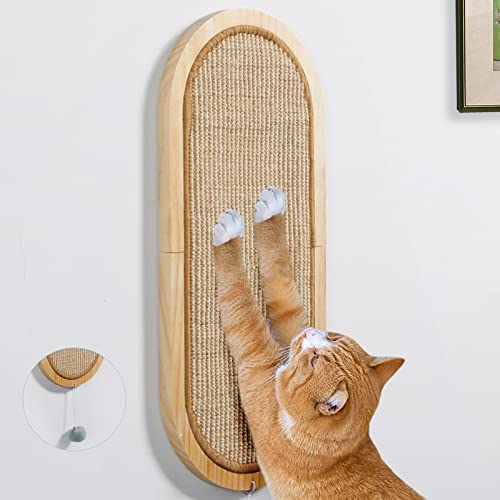 Litail Cat Wall Scratching Post, Sisal Cat Wall Scratcher with Cat Ball Toy, Floor/Wall Mount Cat Scratcher, Wood Cat Scratching Board for Couch Protector, Cat Wall Furniture for Cats (22in x 9.8in) - burlywood color
