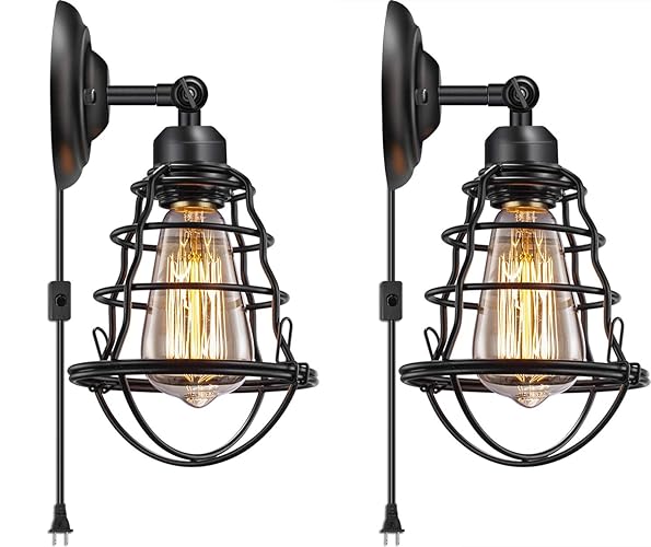Asnxcju Plug in Wall Sconces, Industrial Wall Lamp with 5.9ft Plug in Cord, Wire Cage Vintage Wall Sconce Lighting, Rustic Wall Light Fixture for Headboard Bedroom Bathroom 2 Pack, UL Listed