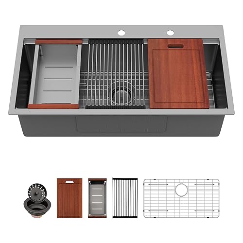 Sarlai 36 Inch Black Drop In Kitchen Sink Workstation - 36x19 Drop In Kitchen Sink Black Stainless Steel Topmount Workstation Sink 16 Gauge Deep Single Bowl Top-mount Kitchen Sink - Gunmetal Black - 36"x19"x10"