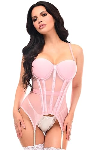 Daisy corsets Womens Lavish Lt Pink Mesh Underwire Bustier Corset W/Garters - 6X - Pink