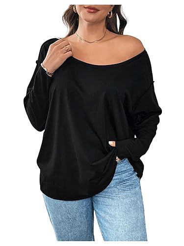 SOLY HUX Women's Plus Size Off The Shoulder Tops Long Sleeve Shirts Oversized Pullover Tee Tops - 4X-Large Plus - Solid Black
