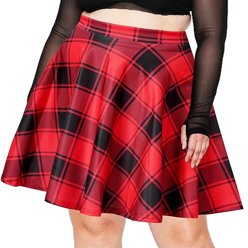 Women's Plus Size Mini Plaid Skirt- Basic High Waisted Flared Casual Stretchy Pleated Skater Skirts - 5X-Large Plus - Red & Black