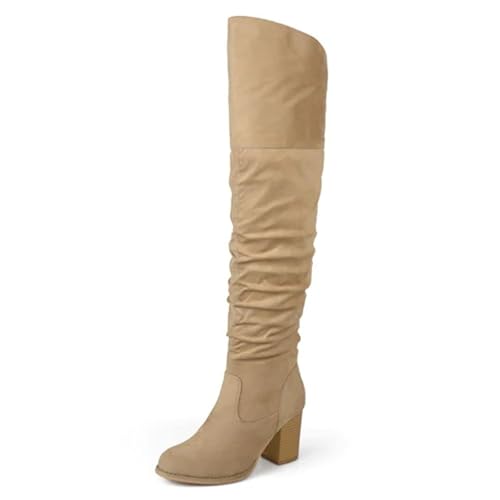 Journee Womens Kaison Wide Width Wide Calf Stacked Heel Over The Knee Boots - 12 - Extra Wide Calf Stone
