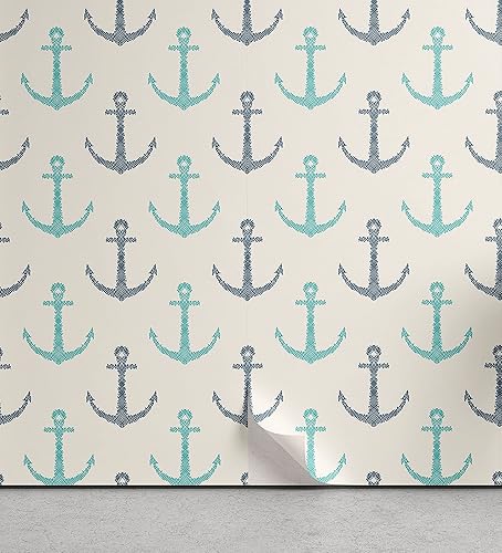 Lunarable Nautical Peel & Stick Wallpaper for Home, Line Art Hand Drawn Anchors Minimalism Inspired Maritime Pale Toned Image, Self-Adhesive Living Room Kitchen Accent, 13" x 100", Seafoam Dark Blue - 13" x 100" - Seafoam Dark Blue