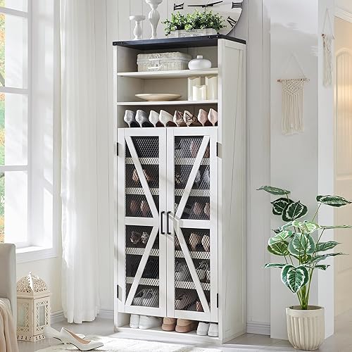 JXQTLINGMU Farmhouse Shoe Cabinet, 72" Tall Shoe Cabinet with Mesh Doors and Adjustable Shelves, Rustic Wooden Shoe Organizer, Modern Large Shoe Cabinet Storage for Entryway, Off White - 72" H - Off White