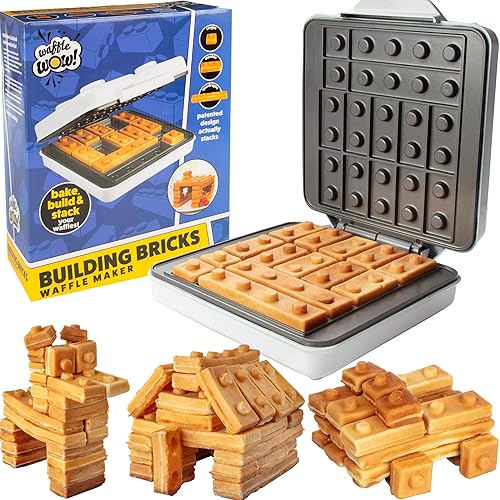 Building Brick Electric Waffle Maker- Cook Fun Buildable Waffles, Pancakes in Minutes- Build Gingerbread Houses, Cars & More Out of Stackable Waffles- Bite Sized for Kids, Nonstick Iron- Fun Xmas Gift - White