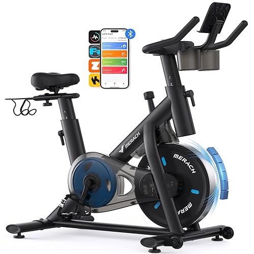 MERACH Exercise Bike, Brake Pad Stationary Bike with Exclusive App, Low Noise Indoor Cycling Bike with 300lbs Weight Capacity, Tablet Mount and Fitness Courses for Weight Loss - Magnetic-Black