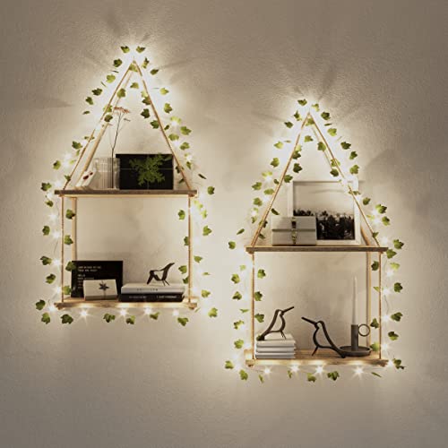RICHER HOUSE 2 Tier Artificial Ivy LED-Strip Wall Hanging Shelves Hanging Plant Shelf, Macrame Shelf for Bedroom Bathroom Living Room Kitchen, Wood Shelves for Wall Décor - 2 Pack - Double-layer Ivy With Led-strip