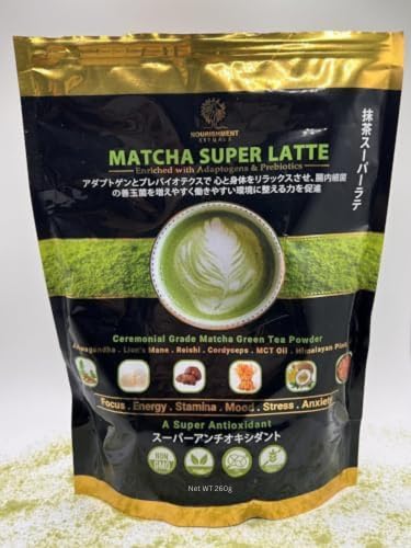 Nourishment Rituals Authentic Matcha Super Latte | Ashwagandha | Lion's Mane | Reishi | Cordyceps | Made with Ceremonial Grade Organic Matcha Green Tea Powder | Net weight 260g (12-Servings) - 1-Pack