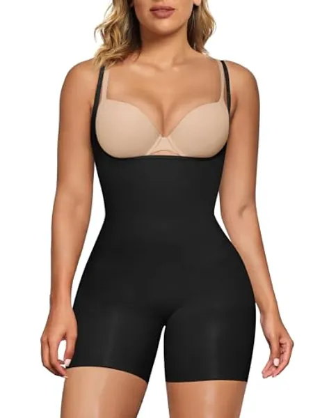 SHAPERX Women's Open Bust Tummy Control Shapewear Bodysuit Seamless Mid-Thigh Body Shaper for a Snatched Waist