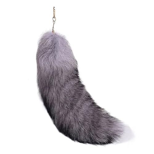 Fluffy Real Fox Fur Tail Keychain Tassel Bag Cosplay Toy Handbag Accessory Hook Pendant - Silver Orchid Fox