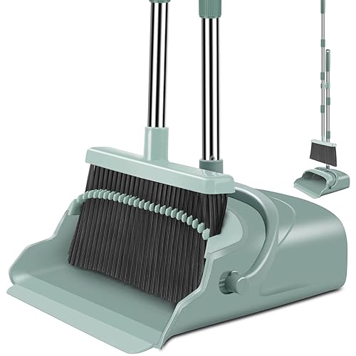 kelamayi Upgrade Broom and Dustpan Set, Large Size and Stiff Broom Dust pan with Long Handle, Upright,Ideal for Indoor Outdoor Garage Kitchen Room Office Lobby Use (Green) - Green