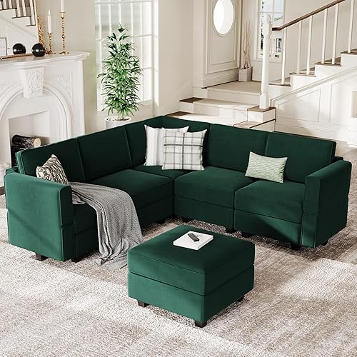 Belffin Modular Sectional Sofa with Storage Seats Velvet L Shaped Corner Couch Convertible Sectional Sofa with Chaise (Green, L Shape-1)… - Green - L shape